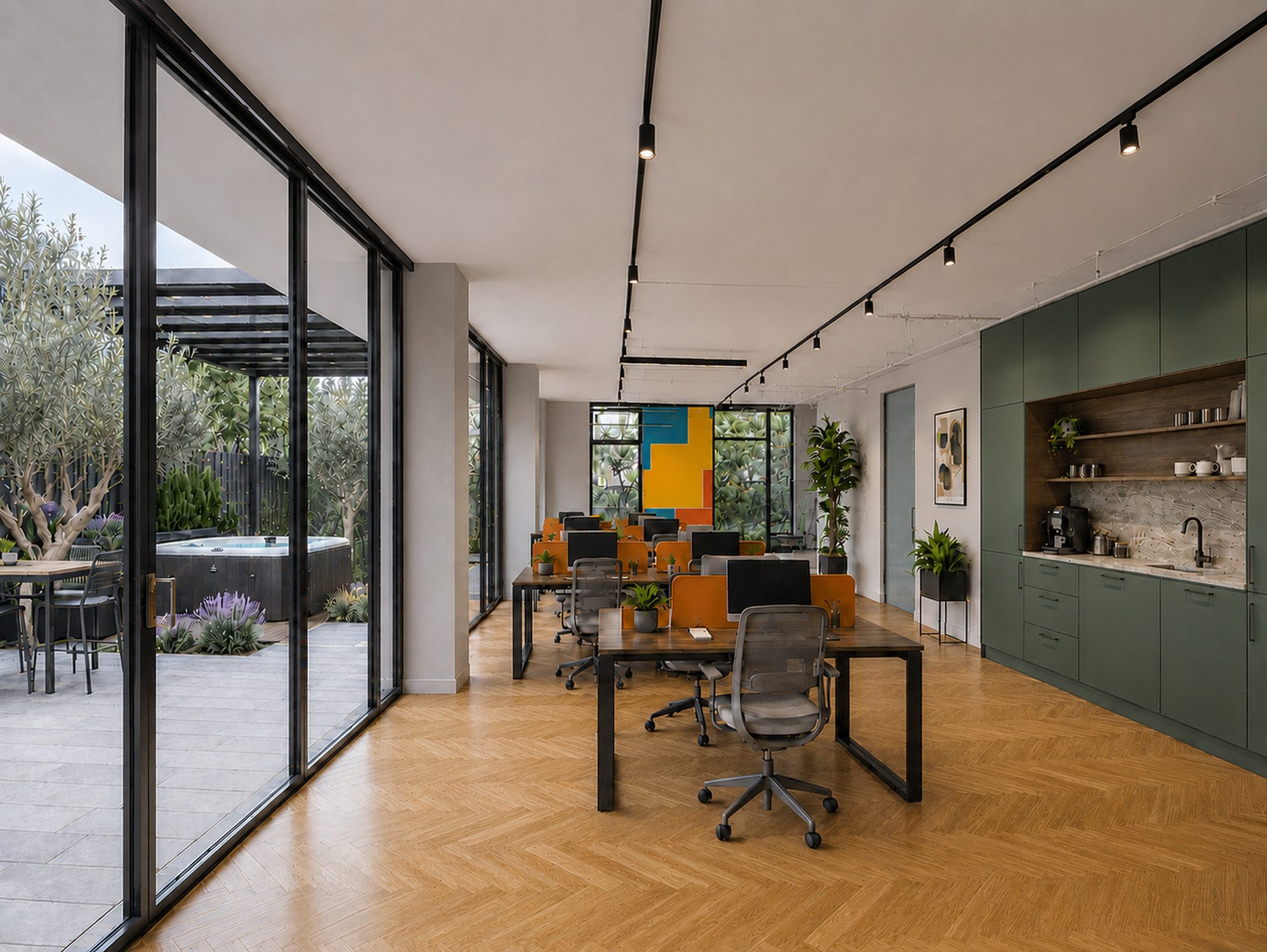 Open-plan office looking out to the private courtyard