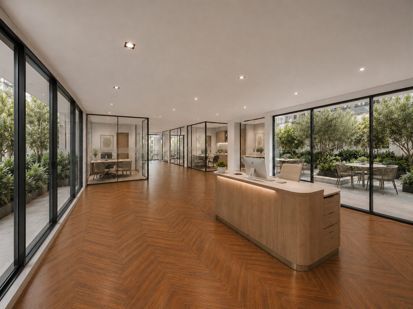 Open-plan office looking out to the private courtyard
